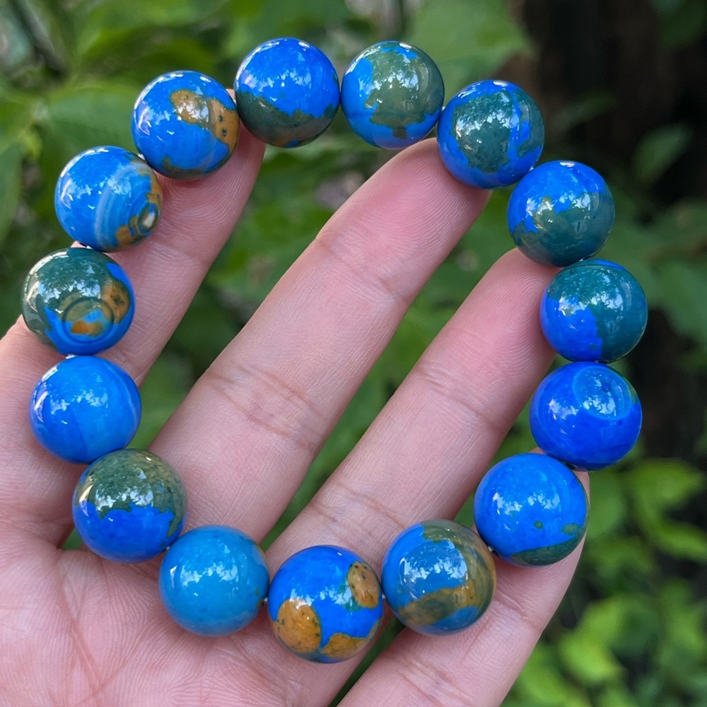 14mm stretchable blue earth pattern agate bracelet - Picture 10 of 13